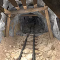 Mine Tunnel Interior With Rail Tracks Wooden Supports Rocky Ground And Dirt Floor