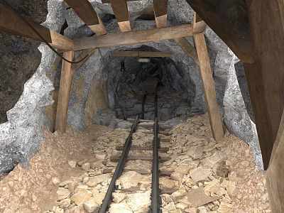 Mine Tunnel Interior With Rail Tracks Wooden Supports Rocky Ground And Dirt Floor 3d model