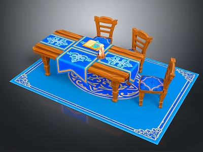 Wooden Dining Table With Blue Patterned Tablecloth And Chairs On Blue Rug With Book Cup 3d model
