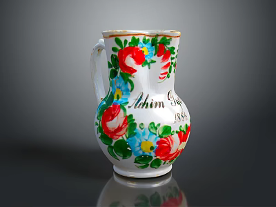 Decorative White Ceramic Vase With Red Blue Floral Pattern And Gold Rim 3d model