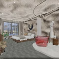 Unique Hotel Room Interior with Rock Texture Walls Cozy Bed Stylish Bathtub Window and Artwork