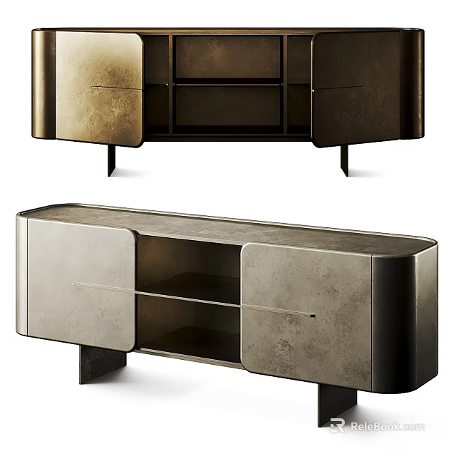 Modern Stylish TV Stand With Metal Finish And Open Storage Shelves 3d model 