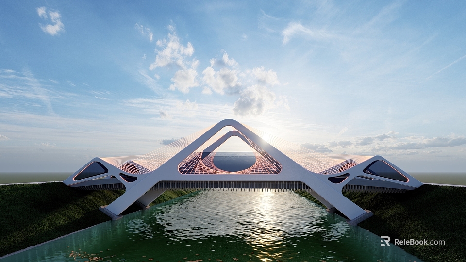 Modern Bridge With Unique Geometric Design Spanning Sparkling Water Under Sunset Sky And Clouds 3d model 