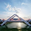 Modern Bridge With Unique Geometric Design Spanning Sparkling Water Under Sunset Sky And Clouds