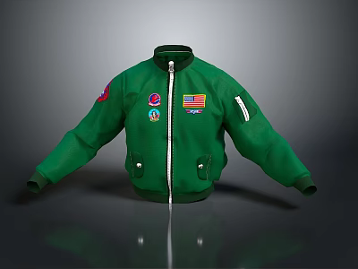 Green Bomber Jacket With Multiple Badges Front Zipper And Side Pockets 3d model