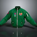 Green Bomber Jacket With Multiple Badges Front Zipper And Side Pockets