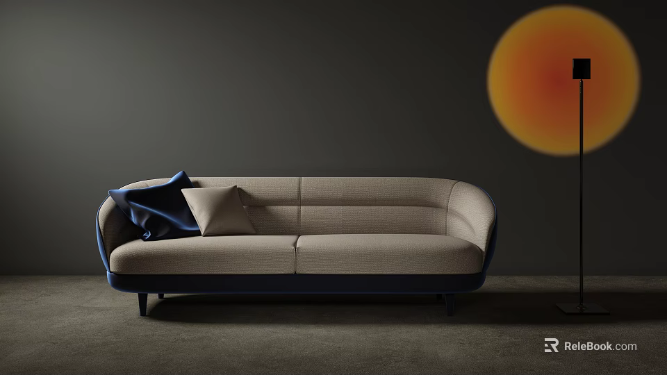 Modern Beige Sofa With Blue Pillows Dark Wall Orange Circular Decor And Black Floor Lamp 3d model 