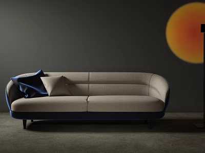 Modern Beige Sofa With Blue Pillows Dark Wall Orange Circular Decor And Black Floor Lamp 3d model