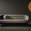 Modern Beige Sofa With Blue Pillows Dark Wall Orange Circular Decor And Black Floor Lamp