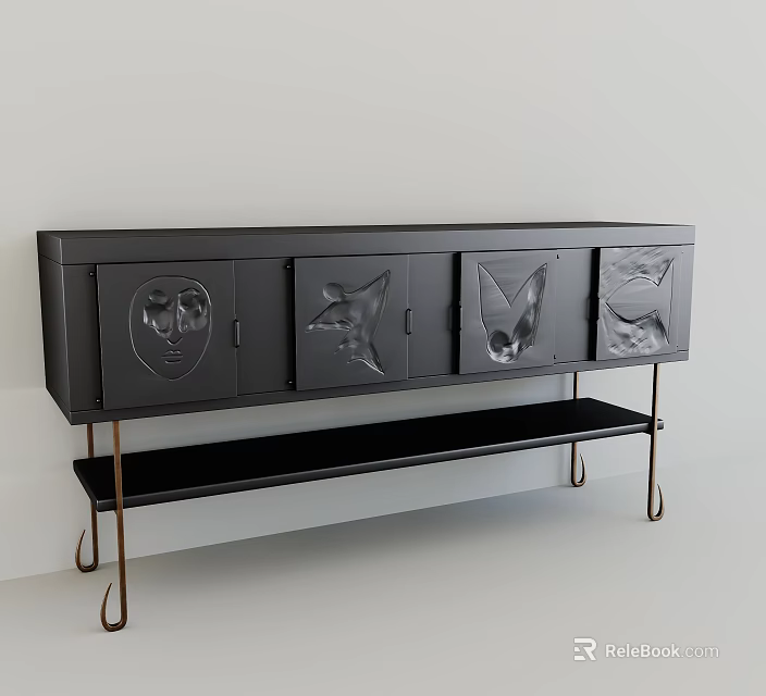 Modern Black TV Stand With Animal Motif Doors Metal Legs And Lower Shelf 3d model 