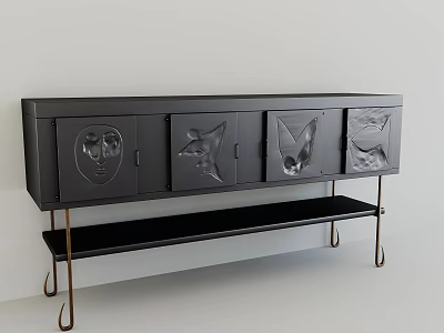 Modern Black TV Stand With Animal Motif Doors Metal Legs And Lower Shelf 3d model