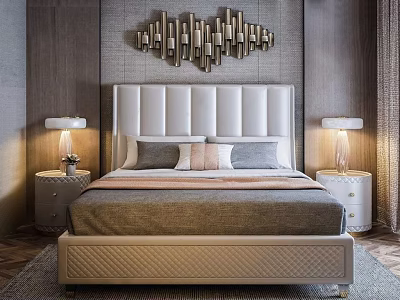 Elegant Double Bed With White Padded Headboard Nightstand Lamps And Metal Wall Art In Bedroom 3d model
