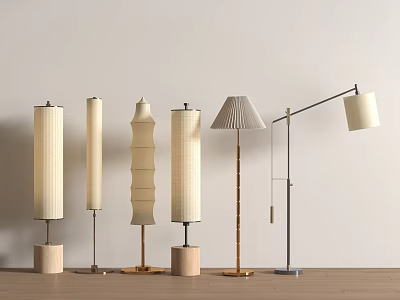 Multiple Modern Minimalist Floor Lamps With Wooden Bases Metal Frames And Beige Shades 3d model