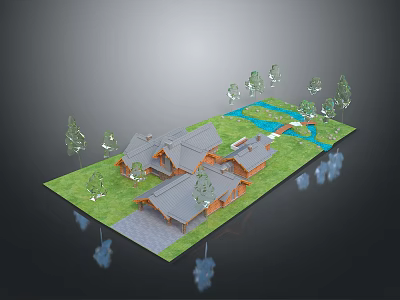 3D Architectural Model of Traditional Houses With Green Lawn Trees And Water Stream 3d model