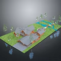 3D Architectural Model of Traditional Houses With Green Lawn Trees And Water Stream