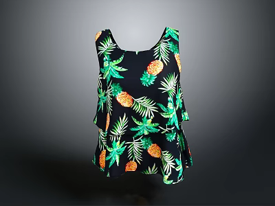 Black Sleeveless Women's Top With Pineapple And Green Leaves Pattern For Casual Wear 3d model