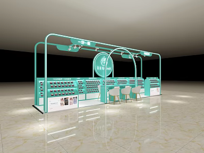 Modern Teal Shopping Mall Beauty Counter With Product Display Shelves Circular Logo And Chairs 3d model