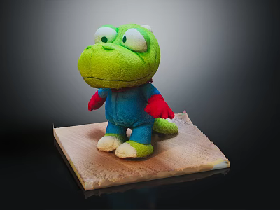 Green Lizard Stuffed Animal With Blue Outfit And Red Gloves On Wooden Platform 3d model