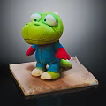 Green Lizard Stuffed Animal With Blue Outfit And Red Gloves On Wooden Platform