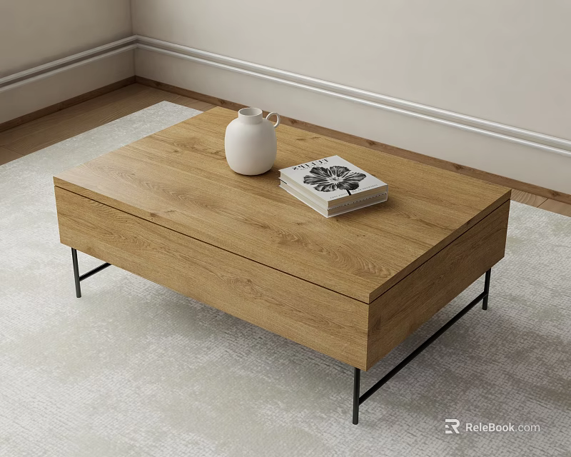 Modern Wooden Coffee Table With Black Metal Legs Featuring White Vase And Book On Rug 3d model 