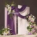 Elegant Wedding Setup With Purple Drapery White Backdrop And Floral Decorations 3d model