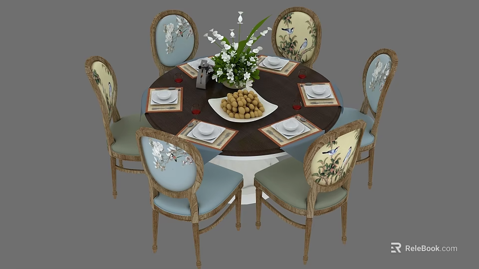 Elegant Round Dining Table Set with Six Light Blue Floral Patterned Chairs and Table Decorations 3d model