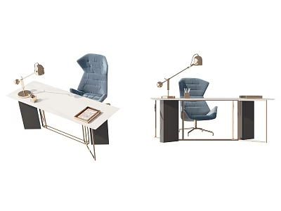 Modern White Desk With Blue Chair Table Lamp And Minimalist Design 3d model