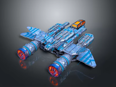 Blue And Silver Striped Spaceship With Red Glowing Engines And Orange Cockpit 3d model