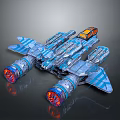 Blue And Silver Striped Spaceship With Red Glowing Engines And Orange Cockpit