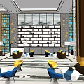 Modern Lounge Area With Yellow Blue Cushions Sofas Chairs And Pendant Lights