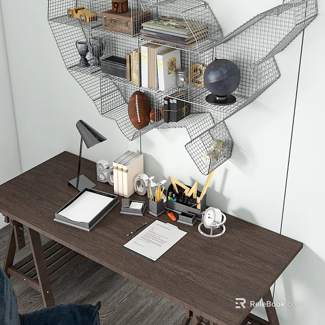 Wooden Desk Workspace Setup With Desk Lamp Books Stationery Globe Football And Wire Mesh Shelf 3d model 