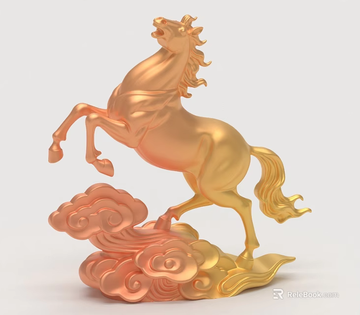Golden Horse Ornament Decoration Set With Standing Pose And Cloud Pattern Base 3d model 