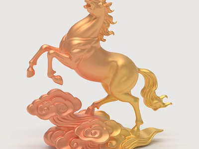 Golden Horse Ornament Decoration Set With Standing Pose And Cloud Pattern Base 3d model