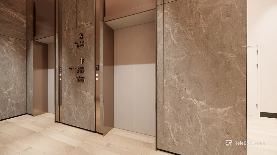 Elegant Elevator Lobby Design With Marble Walls And Modern Elevator Doors 3d model 