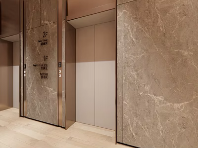 Elegant Elevator Lobby Design With Marble Walls And Modern Elevator Doors 3d model