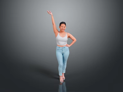 Woman In White Tank Top And Blue Jeans Raising Arm In Standing Pose 3d model