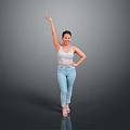 Woman In White Tank Top And Blue Jeans Raising Arm In Standing Pose