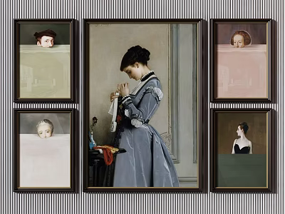 Portrait Paintings Featuring Central Woman In Gray Dress And Four Smaller Portraits On Striped Background 3d model