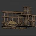 Rustic Handmade Wooden Shelf Structures With Ladder And Decorative Fabric