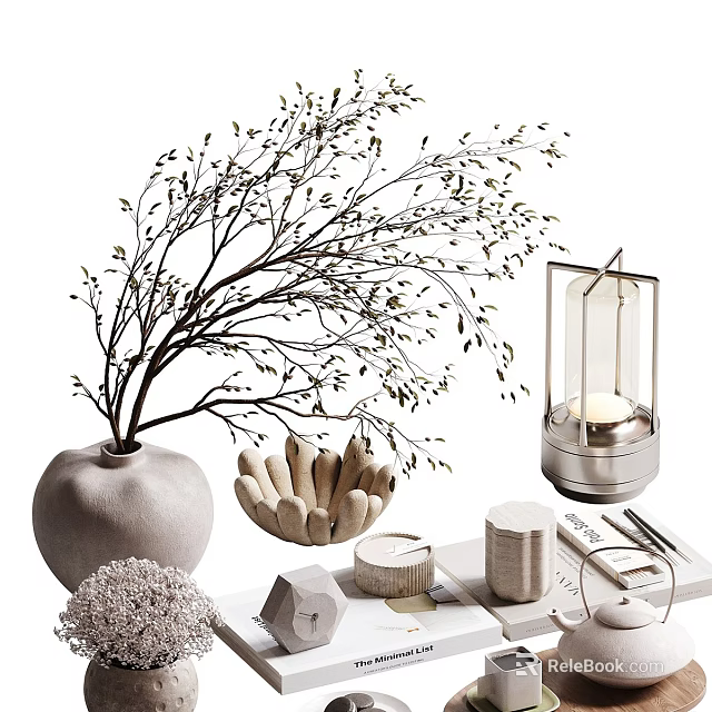 Stylish Decorative Ornament Set With Vase Dried Branches Candle And Geometric Decor 3d model 