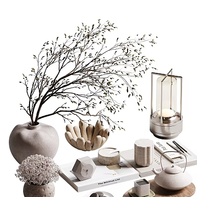 Stylish Decorative Ornament Set With Vase Dried Branches Candle And Geometric Decor 3d model