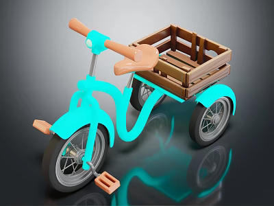Kids Turquoise Tricycle With Wooden Cargo Box Brown Handlebars And Seat 3d model