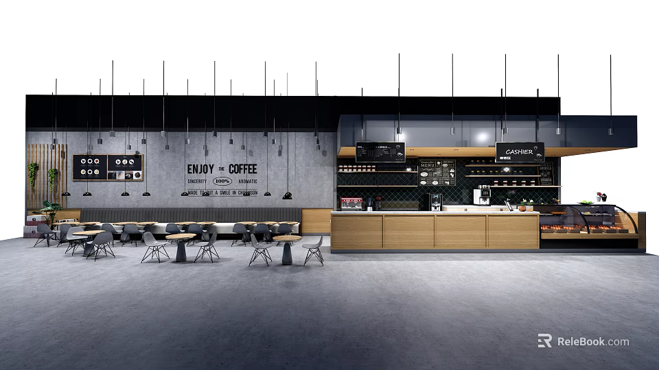 Modern Coffee Shop Interior With Gray Walls Hanging Lights Wooden Counter And Enjoy Coffee Sign 3d model 