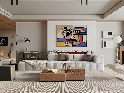 Modern Living Room Interior With White Sofa Coffee Tables Abstract Painting And Floor Lamp 3d model