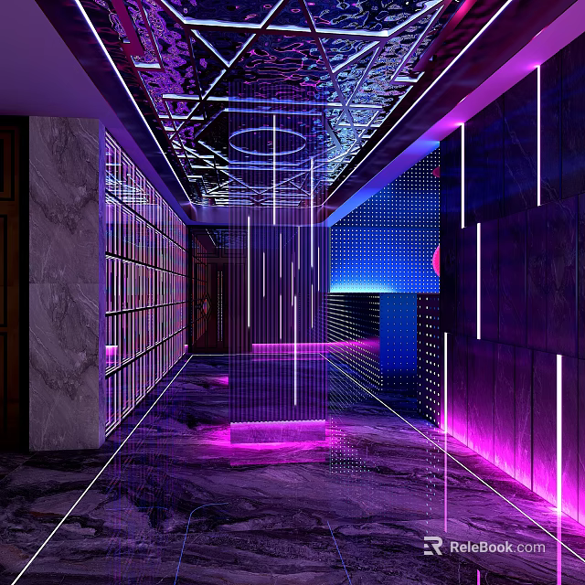 Elegant Modern KTV Corridor Design With Neon Lights And Marble Walls 3d model 