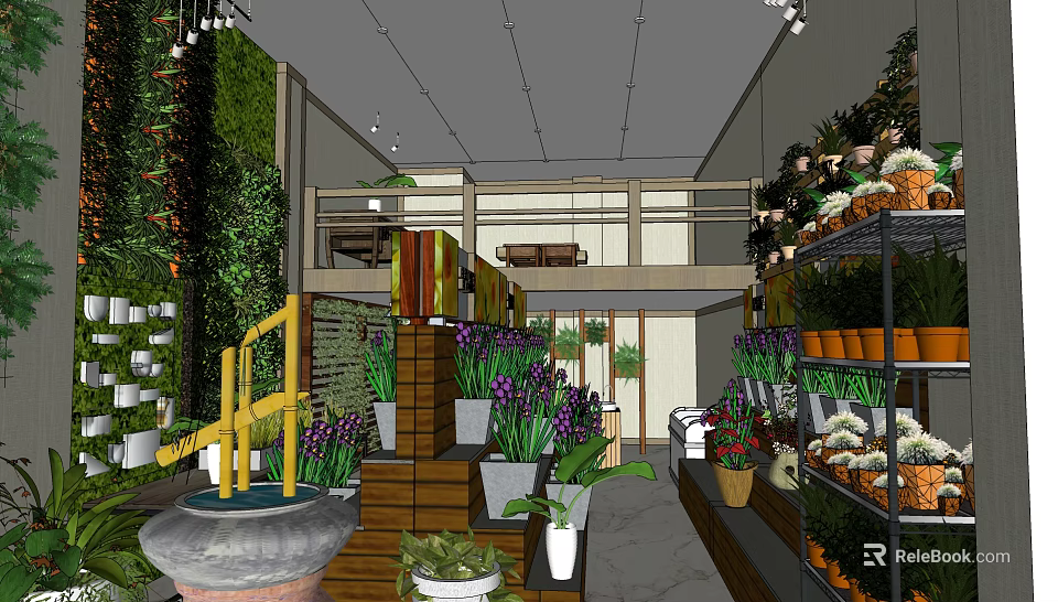 Plant Store Featuring Green Wall Two Level Design Potted Plants On Shelves And 3d model 
