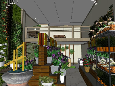Plant Store Featuring Green Wall Two Level Design Potted Plants On Shelves And 3d model