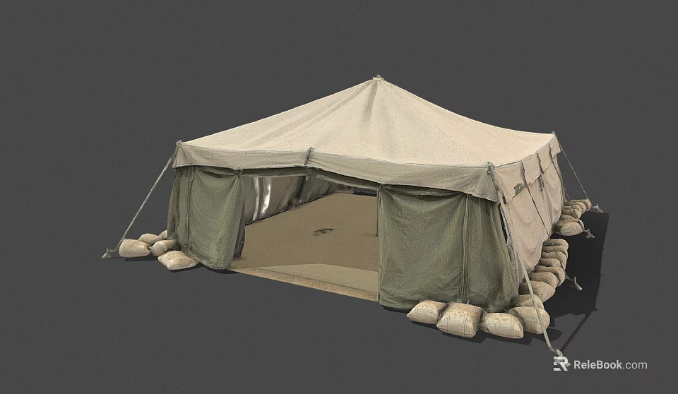 Durable Beige Green Camping Tent With Open Entrance And Sandbags 3d model 