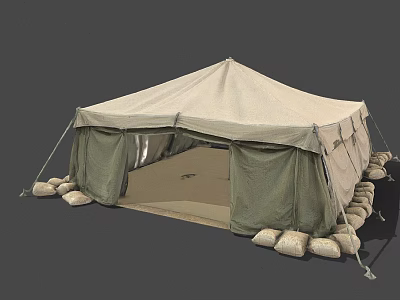 Durable Beige Green Camping Tent With Open Entrance And Sandbags 3d model