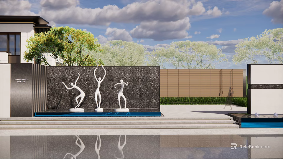 White Dancing Figure Sculptures in Modern Courtyard with Black Wall Green Trees and Pool Reflection 3d model 